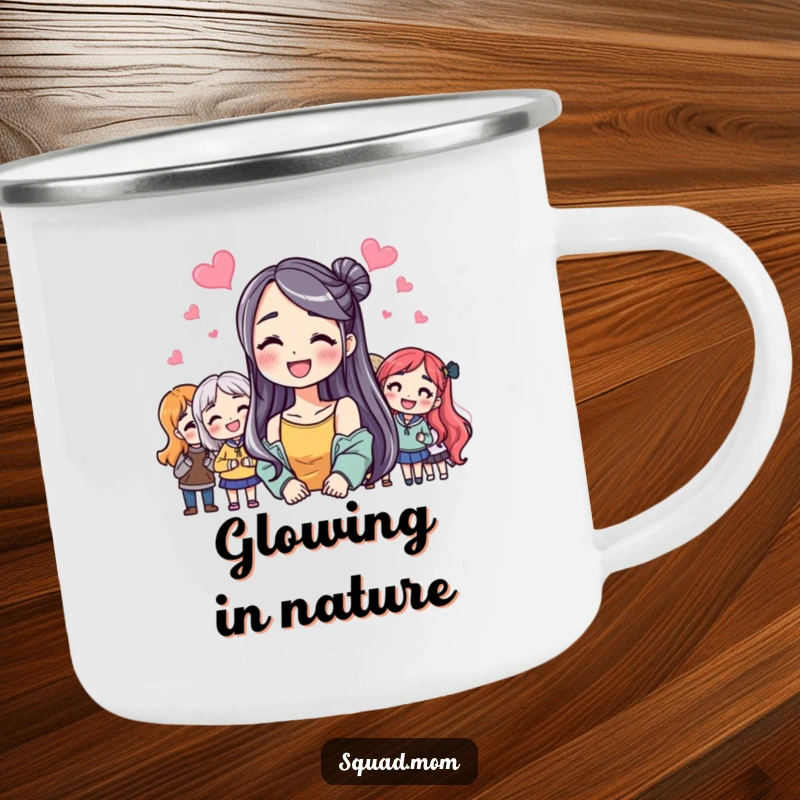 Funny Camping Mug: Woman with a beaming smile, joyful friends around, rugged design for funny gifts.