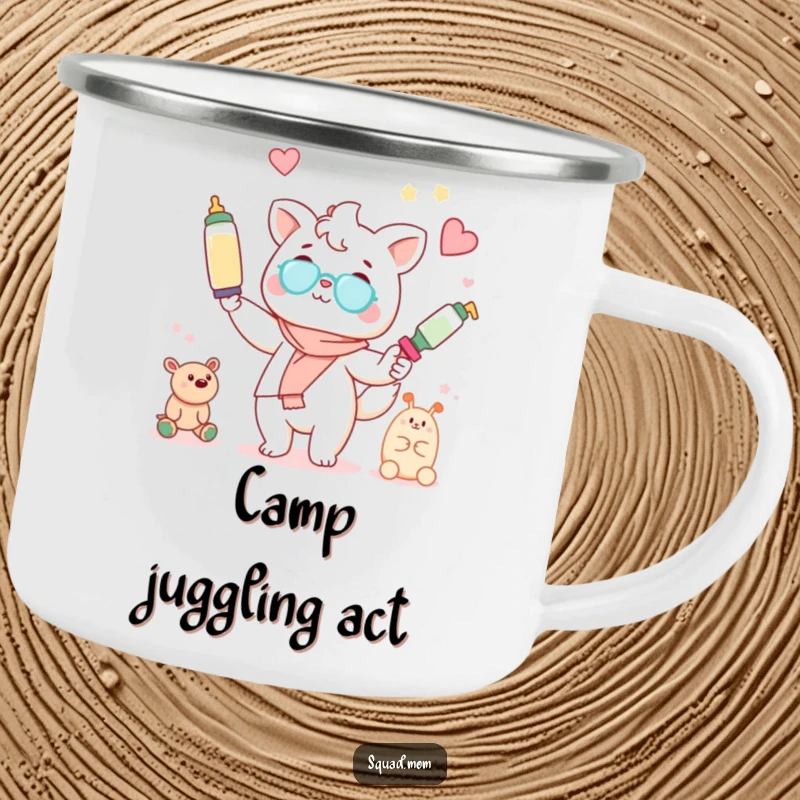 Funny Kawaii mom friend animal character juggling baby bottles and toys on a durable camping mug, for busy moms outdoors.