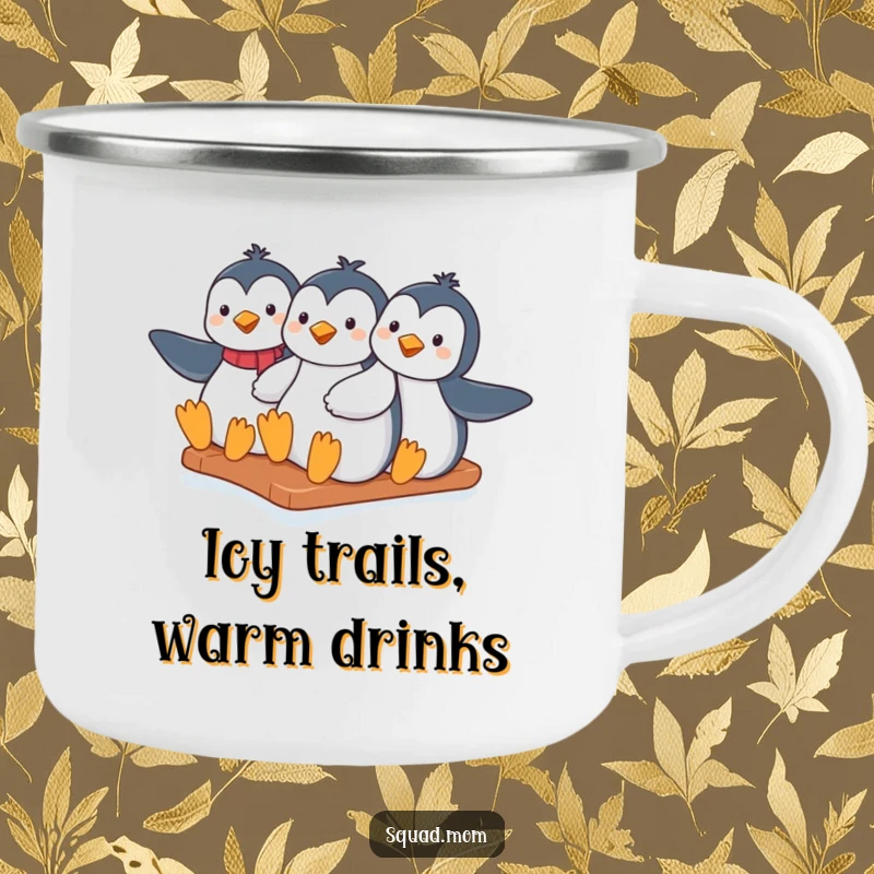 Funny penguin moms sliding down an icy hill together, on a rugged camping mug, perfect for outdoor enthusiasts.