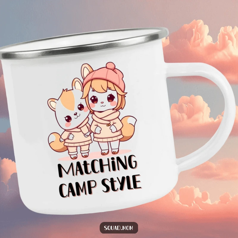 Funny Kawaii mom friend animal character wearing matching outfits with her child on a durable camping mug, for matching duos outdoors.