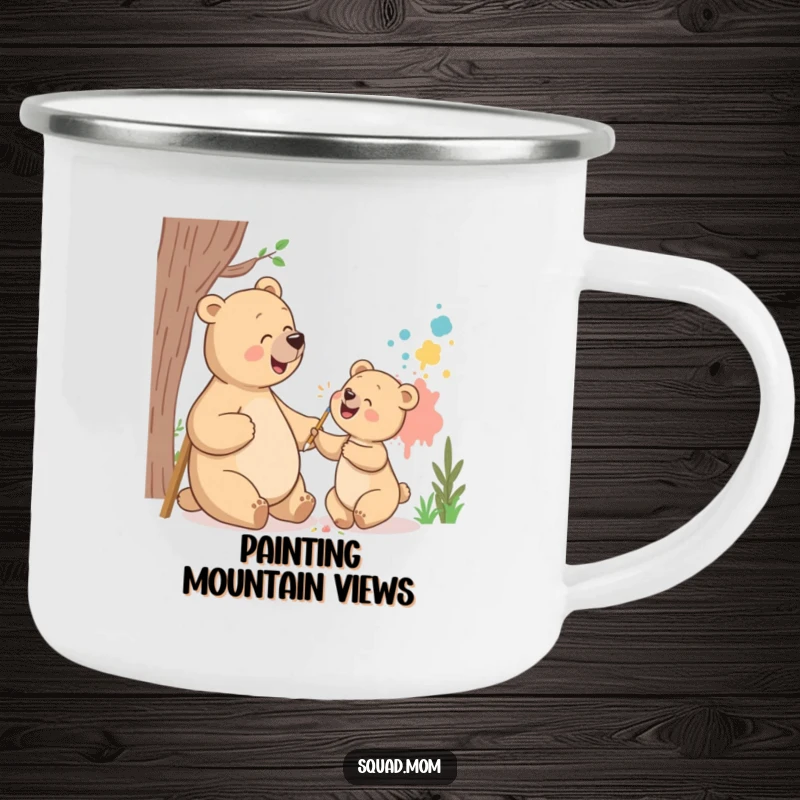 Funny bear mom and cub camping mug showing them giggling while painting a mural, ideal for outdoor enjoyment and humorous gifts.