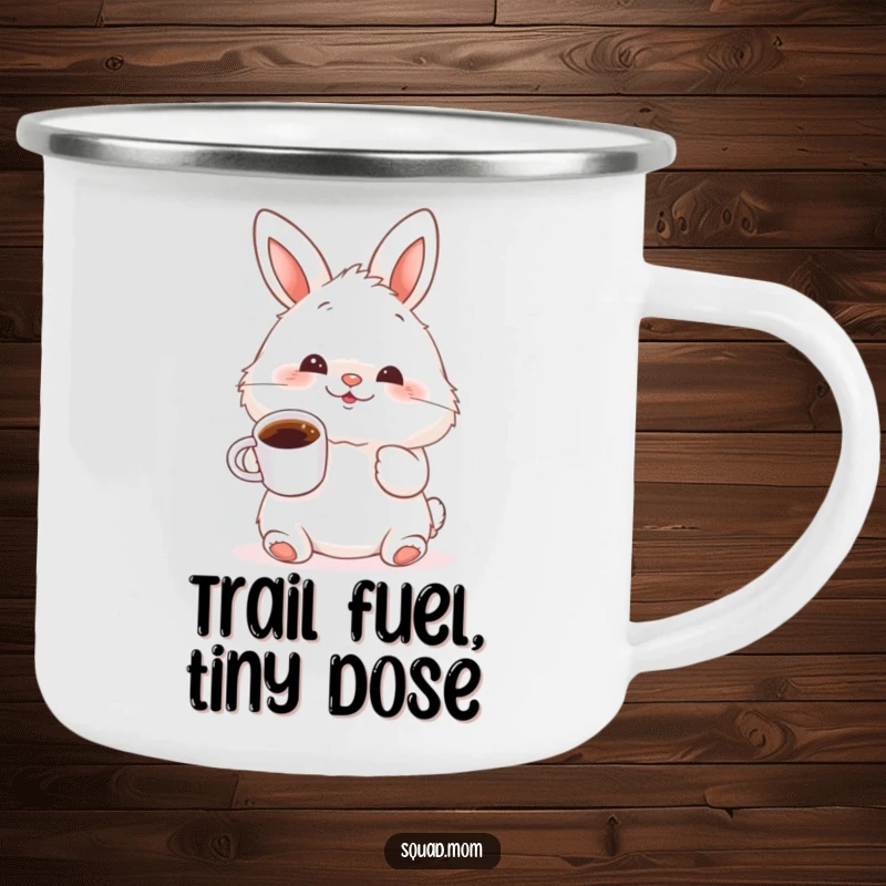 Funny fluffy bunny wiggling its nose and holding a tiny coffee cup, a durable and humorous camping mug.