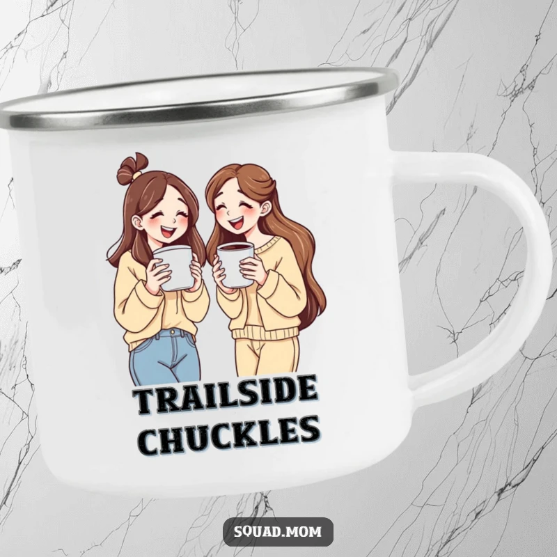 Funny camping mug depicting two women holding large coffee cups, sharing a laugh, ready for adventure.