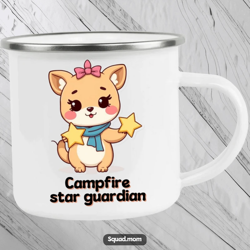 Funny Camping Mug: Whimsical animal mom character holds a star, ideal for magical outdoor brews.