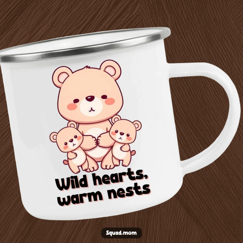 Funny camping mug with a mother bear holding hands with her two cubs, perfect for outdoor drinks with a heartwarming family theme.