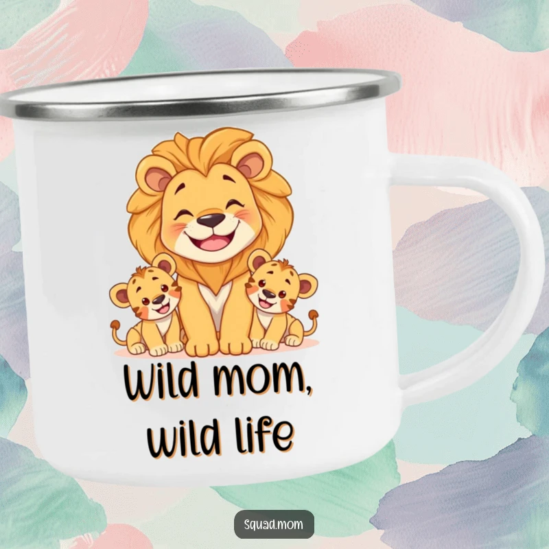 Funny camping mug showing a smiling lion mom protecting her playful cubs, perfect for enjoying drinks during outdoor adventures with a wild touch.