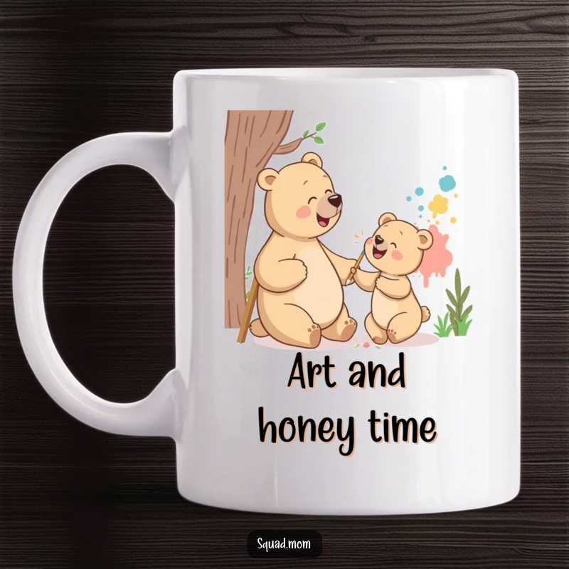 Funny bear mom and cub mug showing them giggling while painting a mural, perfect for artistic moms and creative gifts.
