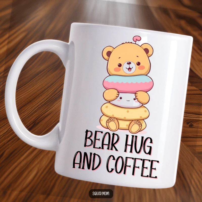 Funny cheerful bear cub balancing a tall stack of soft toys, a cute and humorous creature depicted on a mug.