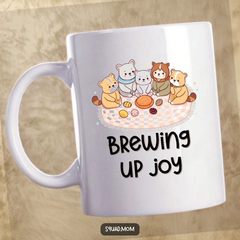Funny mug, cute animal moms (bear, rabbit, cat, etc.) sharing a giant picnic blanket, depicting warmth and camaraderie.