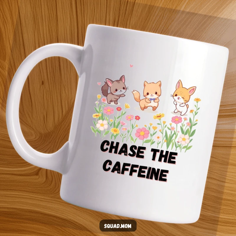 Funny mug showing a group of happy animal friends playfully chasing each other while playing tag among colorful blooming flowers.