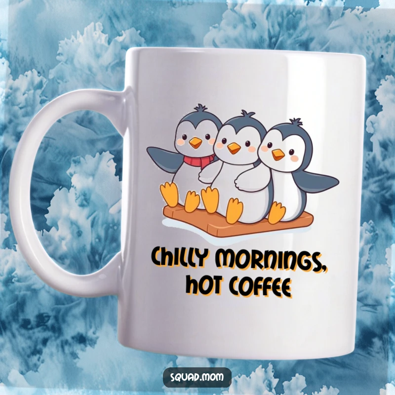 Funny penguin moms sliding down an icy hill together on a mug, showing a delightful and humorous winter activity.