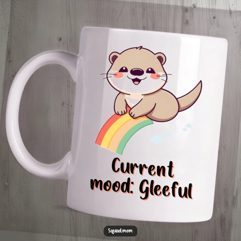 Funny Otter Rainbow Mug: A happy otter gleefully slides down a vibrant, colorful rainbow.