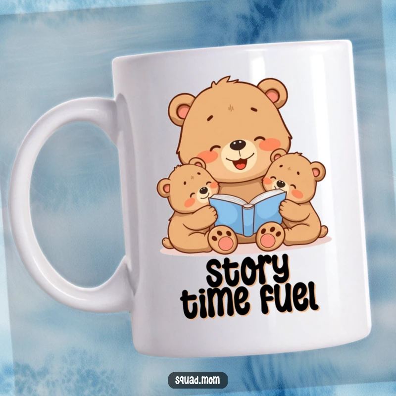 Funny Bear Mom Mug: Cheerful mama bear reading a storybook to her attentive cubs, symbolizing love and bedtime coziness.