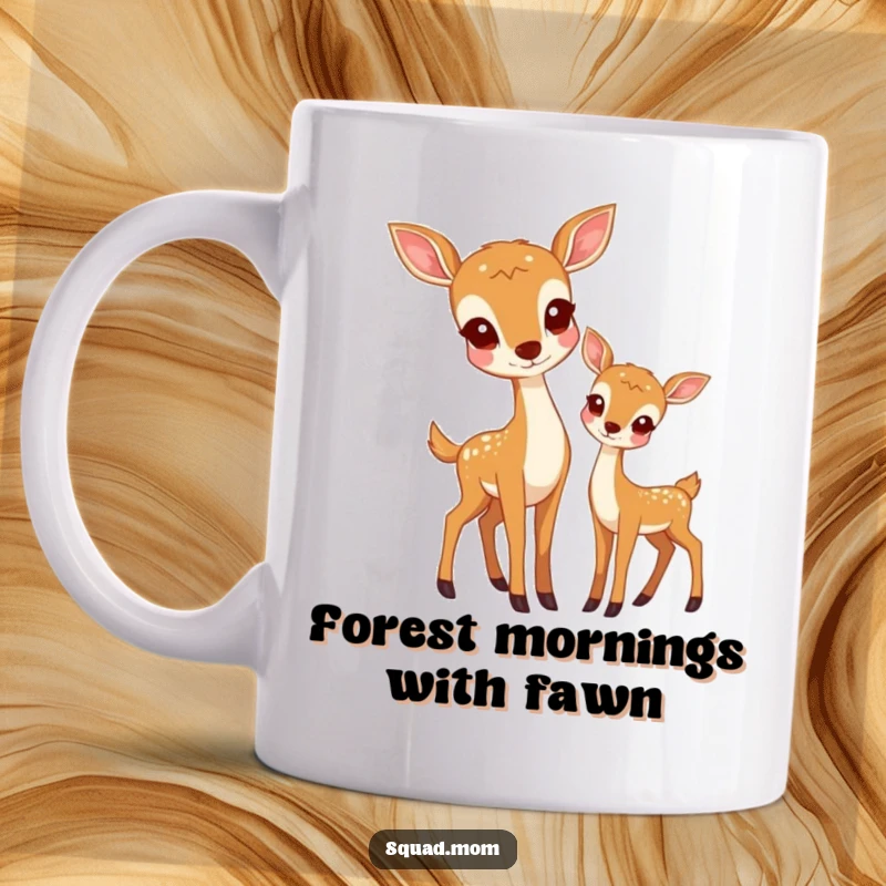 Funny mug showcasing a gentle deer mom character standing protectively beside her young fawn, symbolizing nature and family.