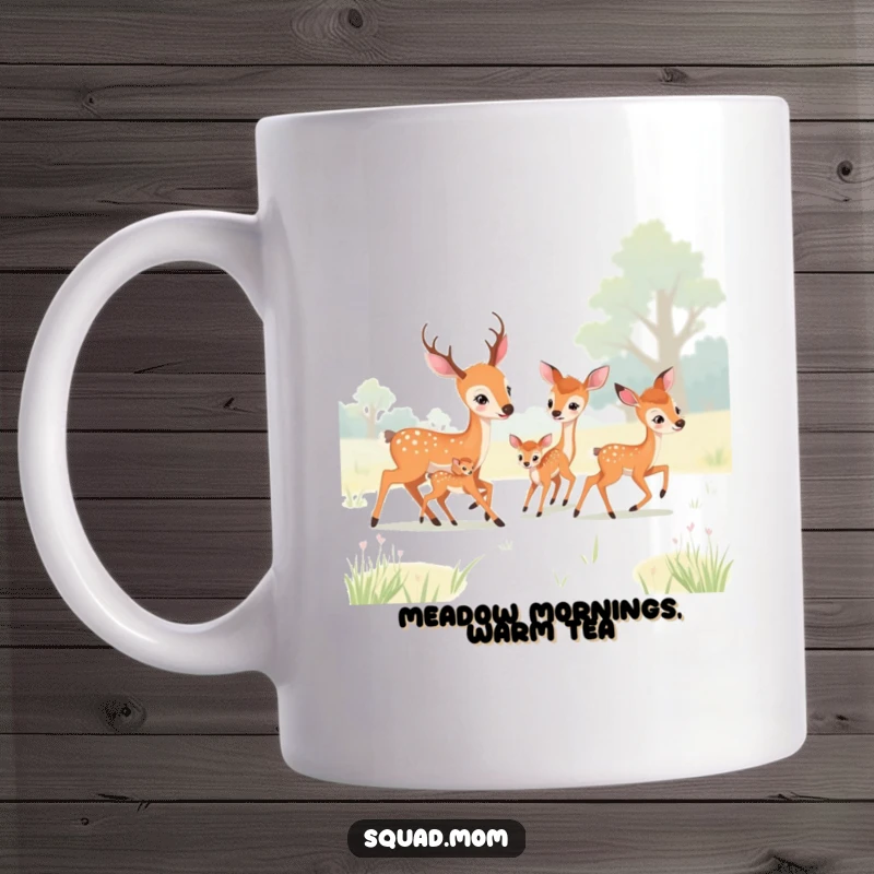 Funny deer moms and fawns playing tag in a meadow on a mug, showcasing a heartwarming and humorous outdoor family scene.