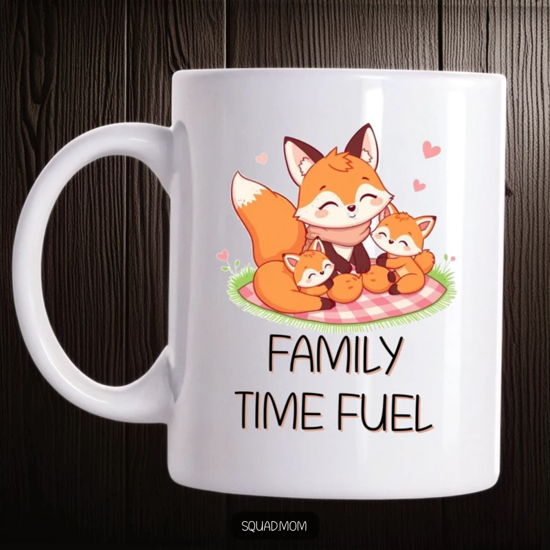 Funny Fox Mom character sharing a picnic blanket with her cute kits, radiating warmth and family happiness.