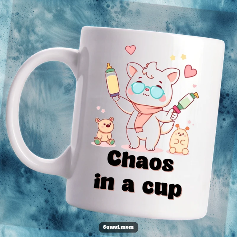Funny Kawaii mom friend animal character hilariously juggling baby bottles and toys on a mug, capturing mom life.