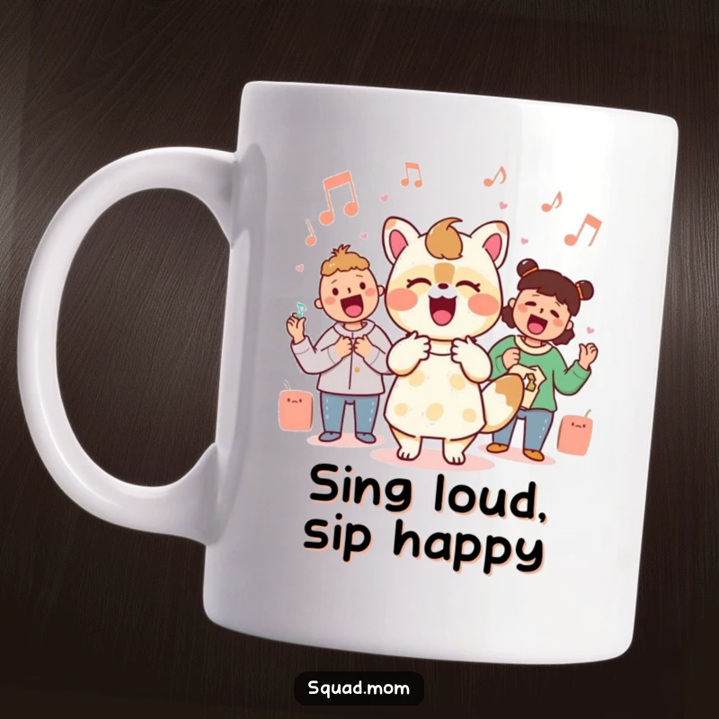 Funny Kawaii mom friend animal character enthusiastically singing along with a microphone on a mug, representing musical joy.