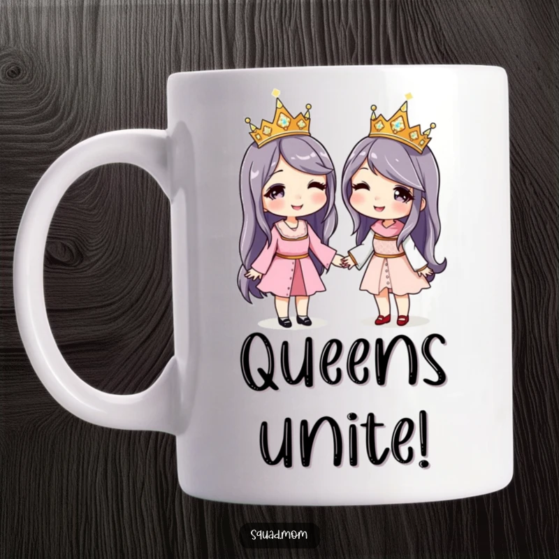 Funny mug illustrating two women happily holding hands while wearing matching, glittering sparkly crowns, celebrating friendship.