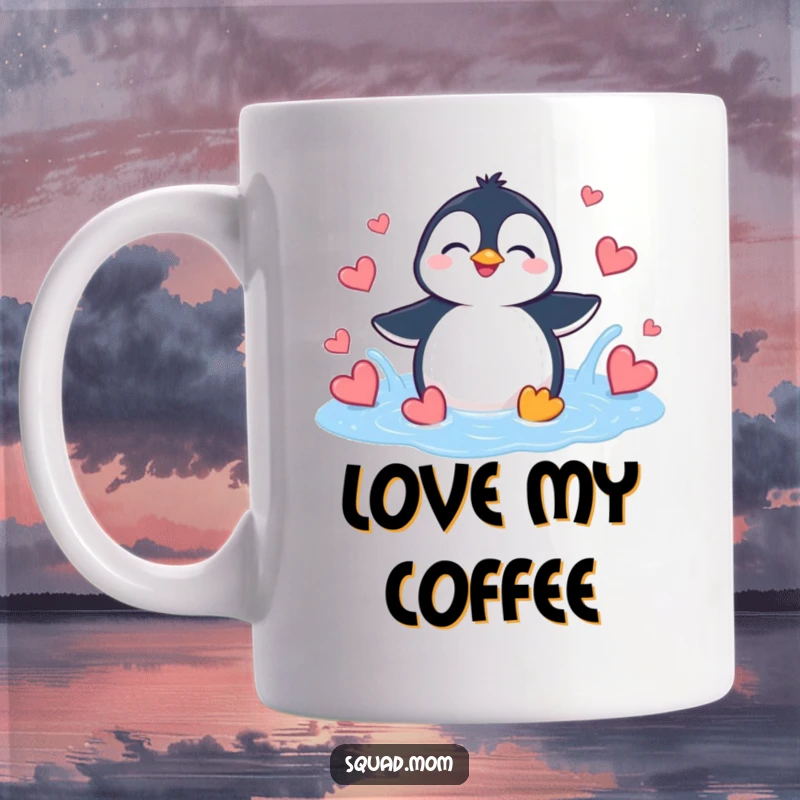 Funny Penguin Heart Splash Mug: A giggling penguin joyfully splashes in a puddle of red hearts.