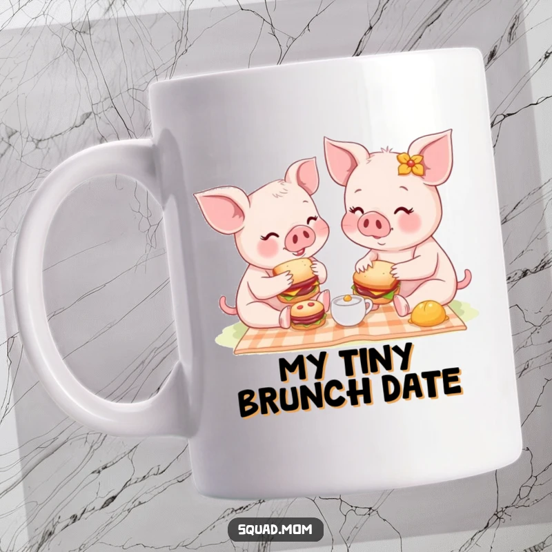 Funny illustration of a sweet piglet mom and baby enjoying a picnic with tiny sandwiches, perfect for a cute gift mug.