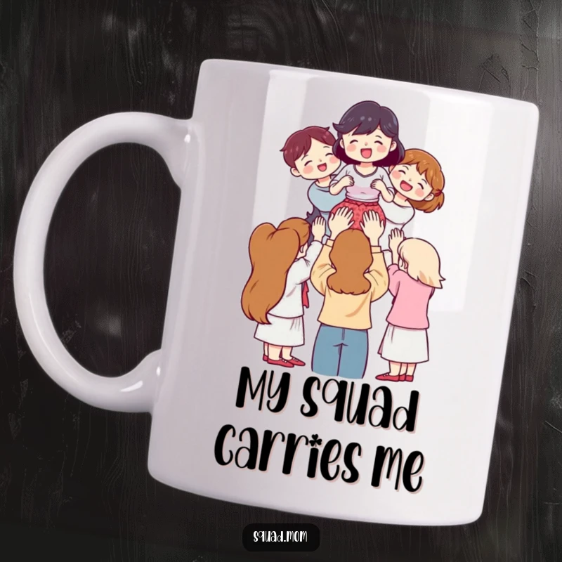 Funny Mug: Women joyfully lifting a friend on shoulders, symbolizing strength and camaraderie, a hilarious gift idea.