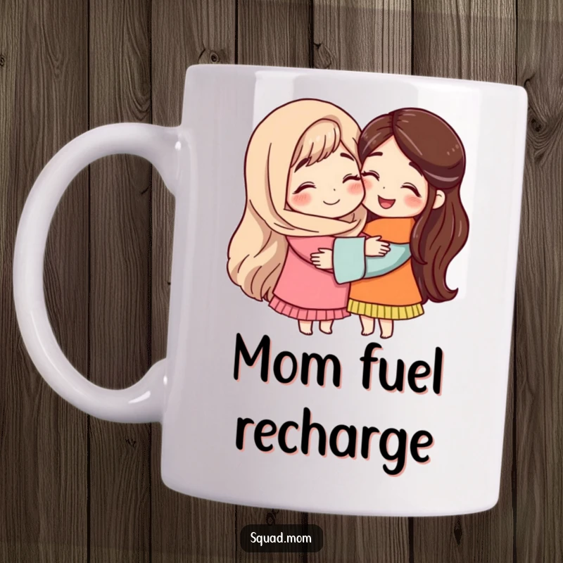 A mom friend giving a warm, comforting hug to another mom friend, celebrating their bond on this ceramic mug.