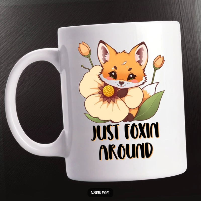 Funny Fox Cub Mug: A curious, playful cub peeks from a giant flower, embodying woodland wonder and cute mischief.