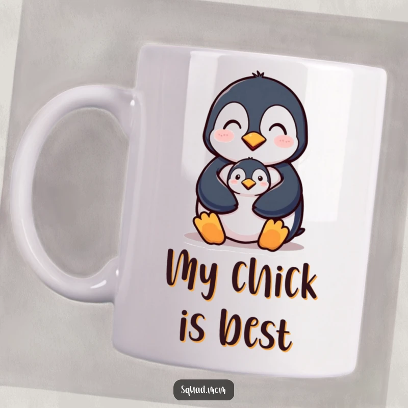 Funny mug featuring a protective penguin mom character shielding her small chick from the elements, symbolizing maternal care.