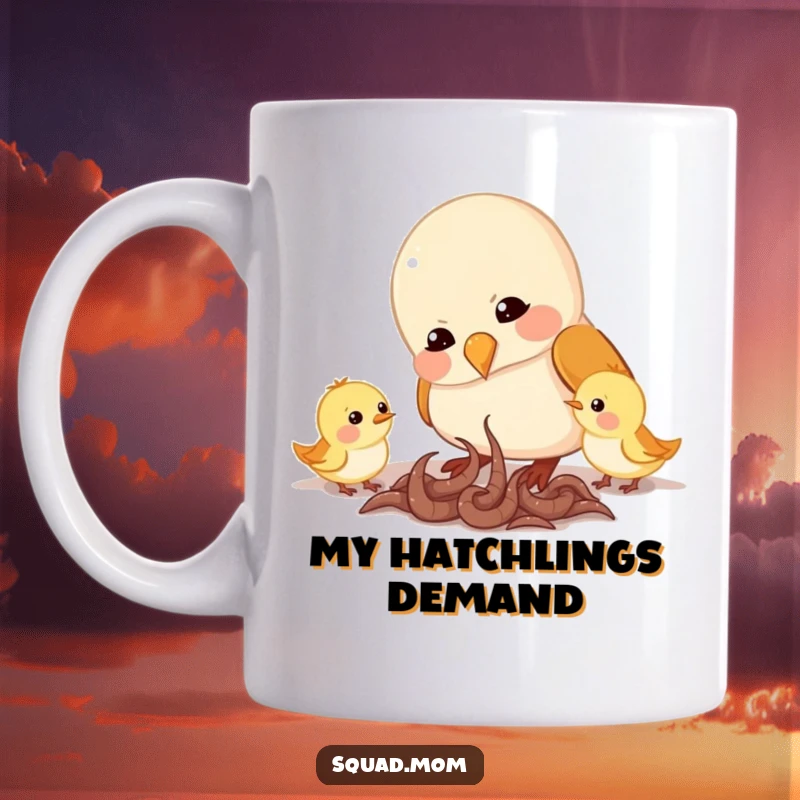 Funny mug illustration of a dedicated mama bird character feeding worms to her eager, chirping baby birds, capturing a heartwarming scene.