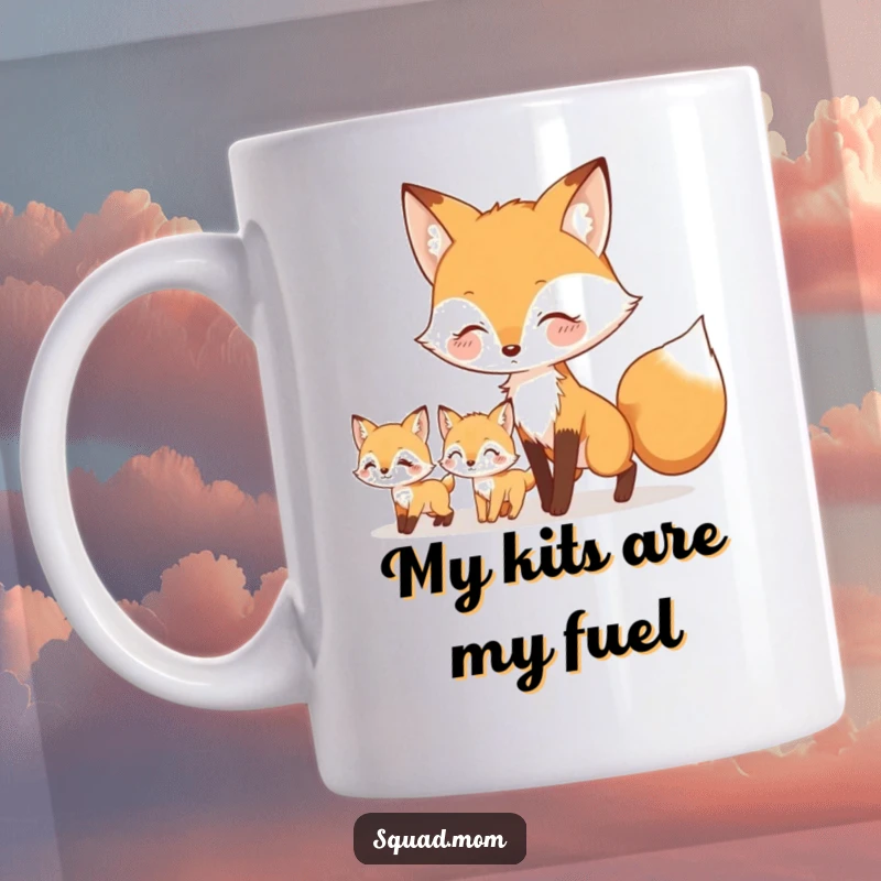 Funny mug featuring a wise fox mom character leading her adorable little kits, symbolizing guidance and family protection.