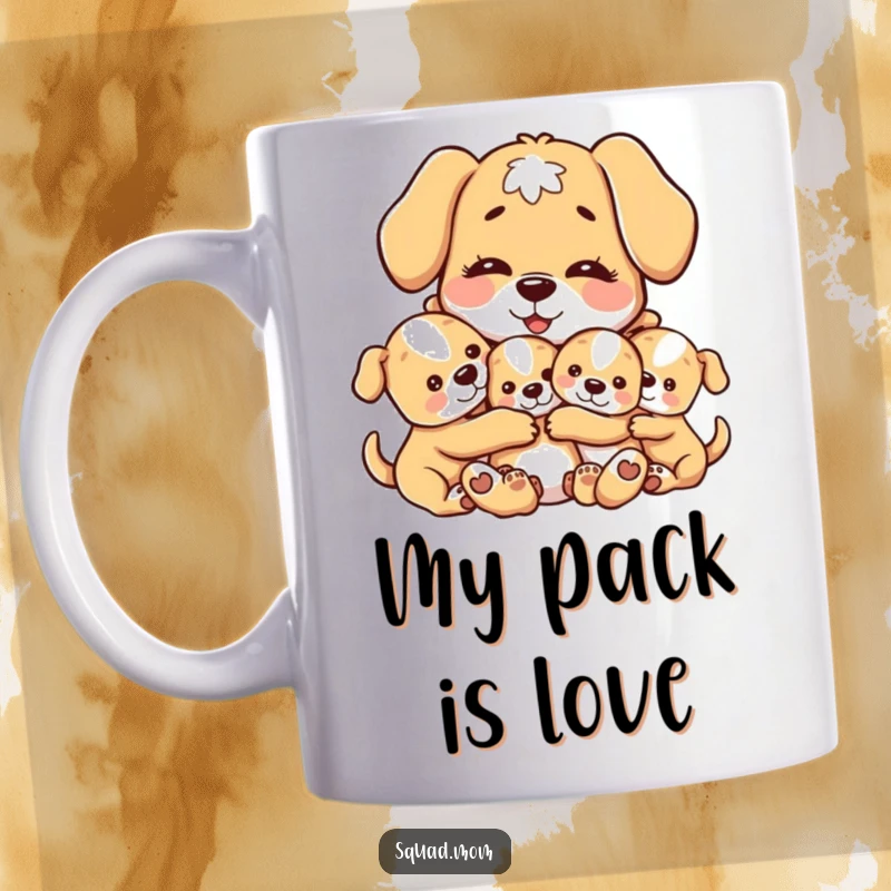 Funny mug showcasing a loving motherly dog character tenderly hugging her cute puppies with a heartwarming, gentle smile.