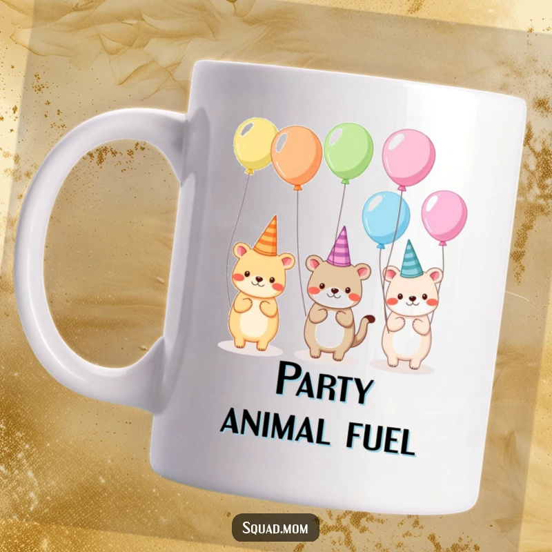 Funny mug showcasing a cheerful group of animal friends wearing comical hats and holding colorful balloons, ready for a party.