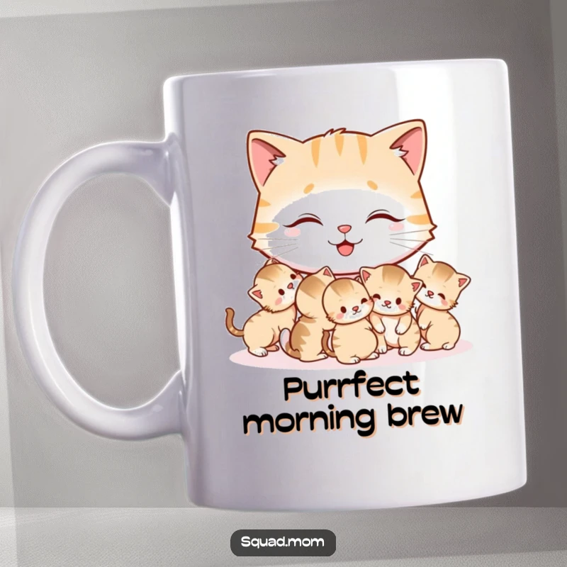 Funny Cat Mom Mug featuring a happy mother cat meticulously grooming her tiny, adorable kittens, a scene of pure feline tenderness.
