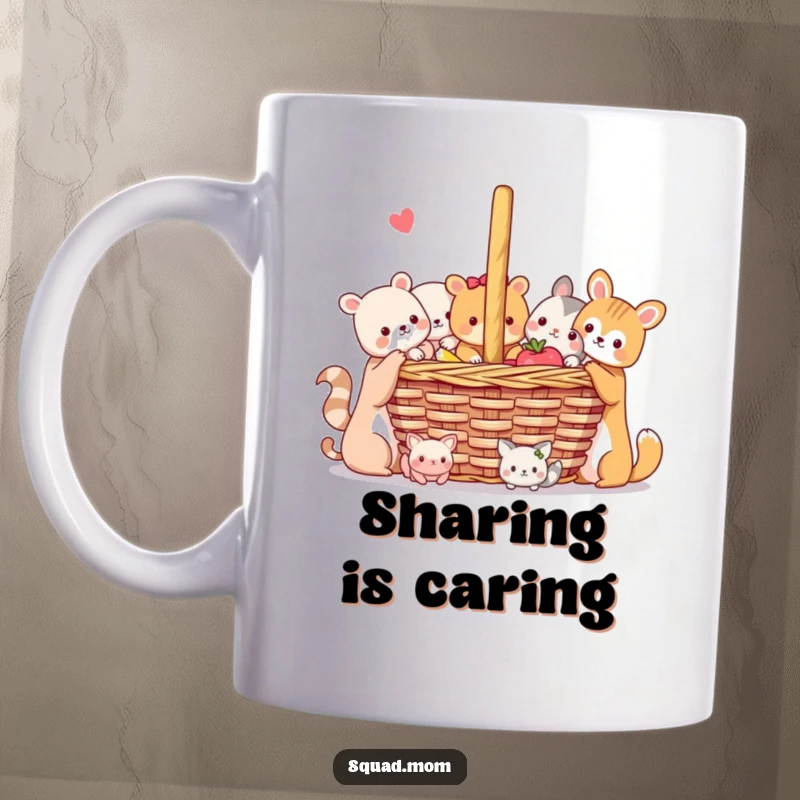 Funny Animal Friends Mug: Cute animals joyfully sharing food from a giant picnic basket, celebrating friendship and outdoor fun.