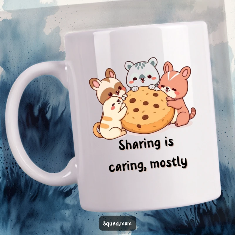Funny mug featuring diverse animal friends joyfully sharing a massive cookie, symbolizing friendship and sweet moments.