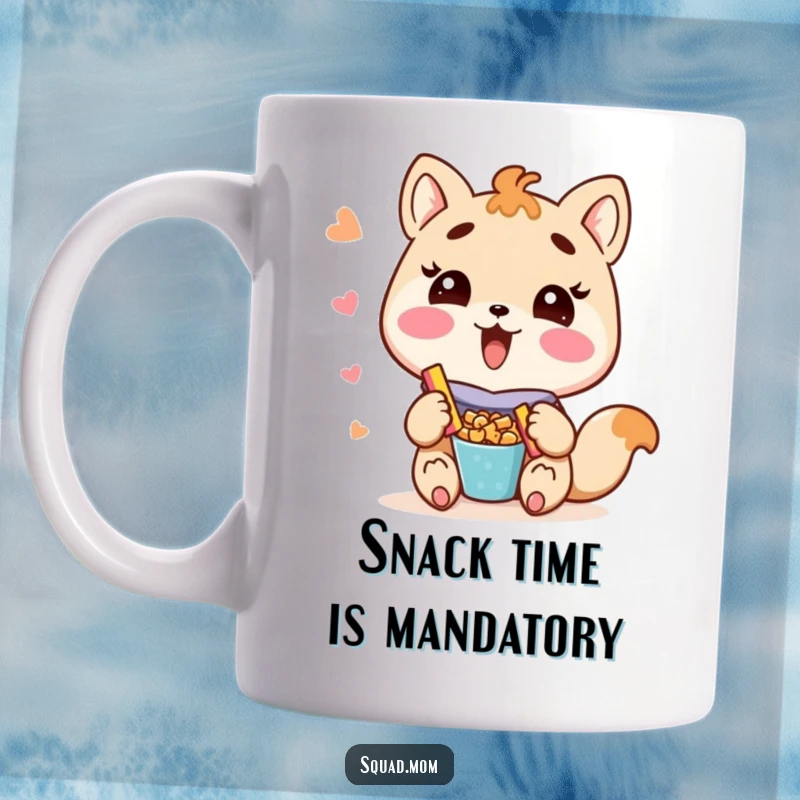 Funny Kawaii mom friend animal character happily offering a plate of snacks, looking generous and cute on a mug.
