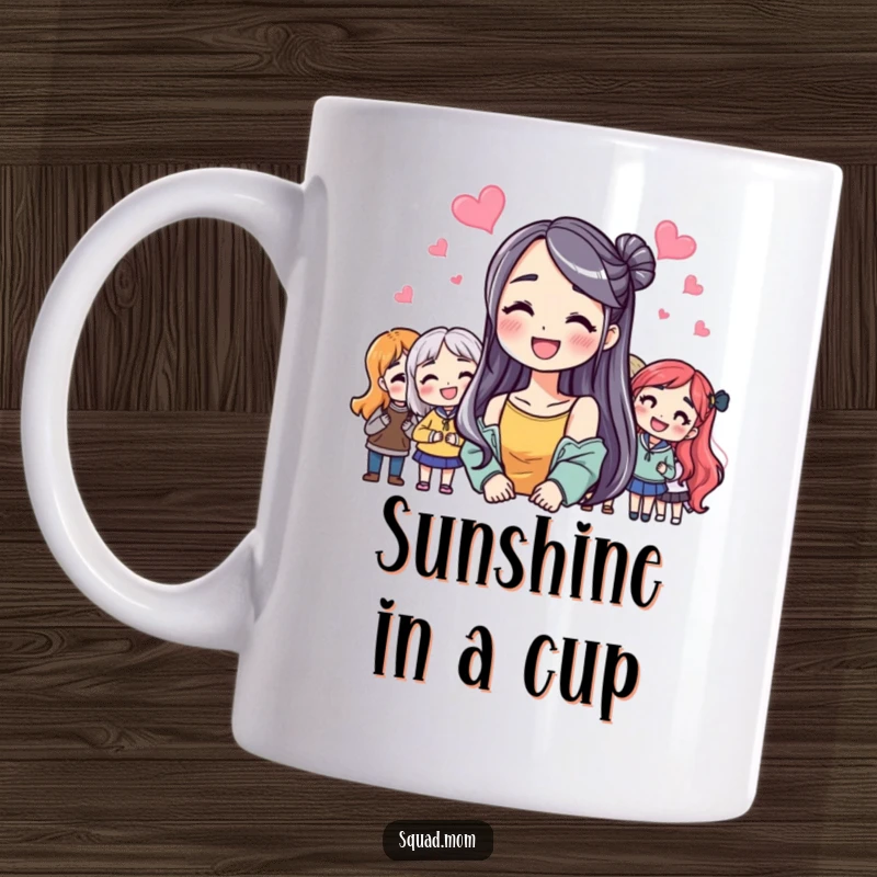 Funny Mug: Woman with a huge smile surrounded by friends, radiating happiness, a perfect funny gift.