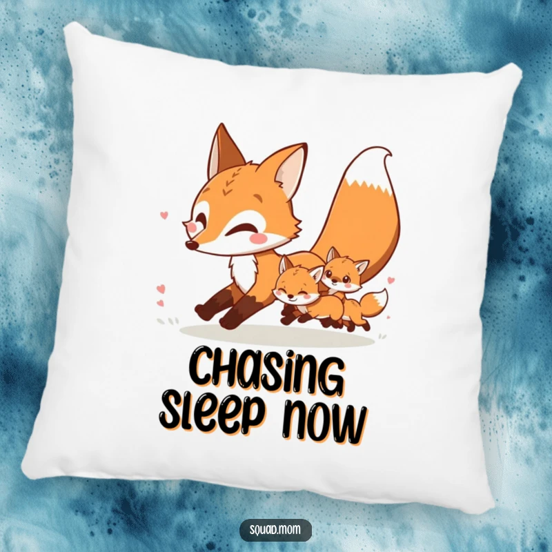 Funny and soft pillow showcasing a mother fox and her kits in a playful chase, perfect for cozy decor.