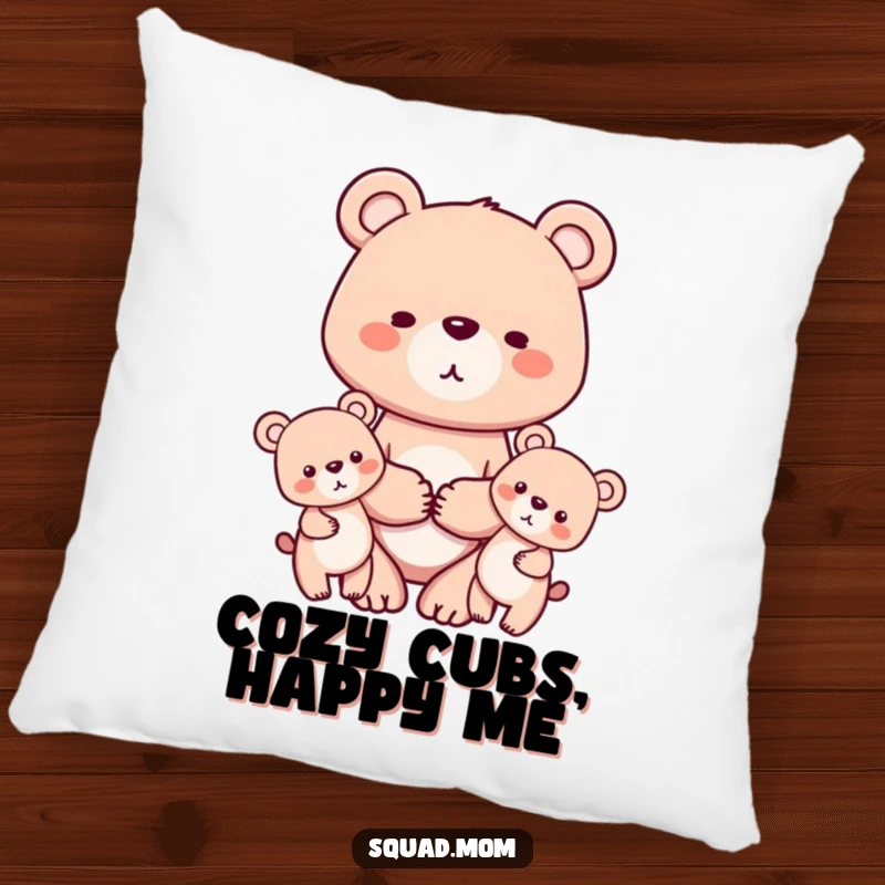 Funny plush pillow featuring a loving bear mom holding hands with her two cubs, perfect for adding heartwarming family comfort to any chair or sofa.