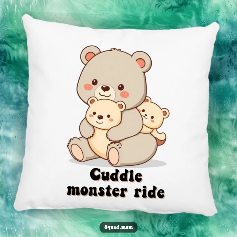 Funny pillow depicting a happy bear mom giving her cub a piggyback ride, offering plush comfort and a humorous, heartwarming touch.