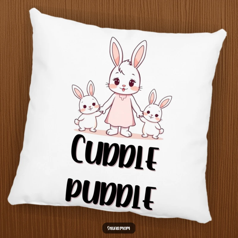 Funny Throw Pillow: A plush cushion showcasing a loving bunny mom character holding hands with two small bunny children.