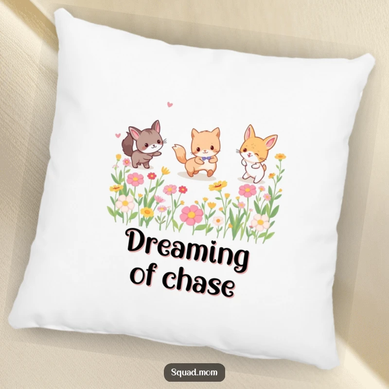 Funny pillow with a soft texture, showing a group of playful animal friends engaged in a game of tag surrounded by cheerful flowers.