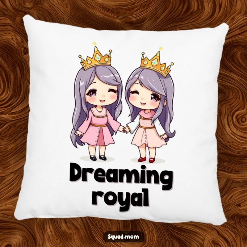 Funny pillow featuring two women holding hands, each wearing a matching sparkly crown, exuding happiness and comfort.