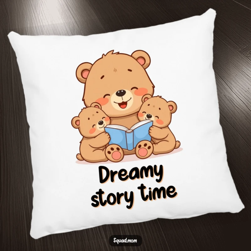 Funny Bear Mom Pillow: Soft cushion featuring a mama bear reading to her cubs, perfect for adding comfort and a theme of family love.