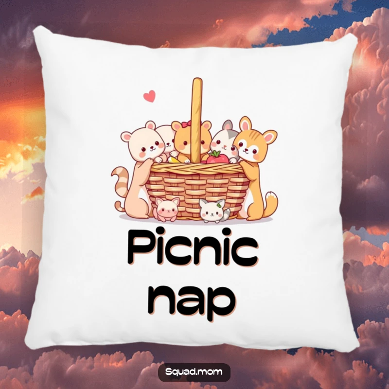 Funny Animal Friends Pillow: Soft cushion featuring cute animals sharing a picnic, perfect for adding comfort and a theme of friendship.