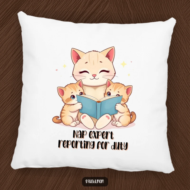 Funny cat mom reading a bedtime story to her wide-eyed kittens, depicted on a soft, decorative pillow, ideal for sofas or beds.