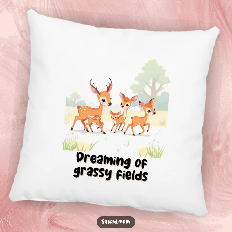 Funny deer moms and fawns playing tag in a meadow, depicted on a soft, decorative pillow, perfect for sofas or beds.