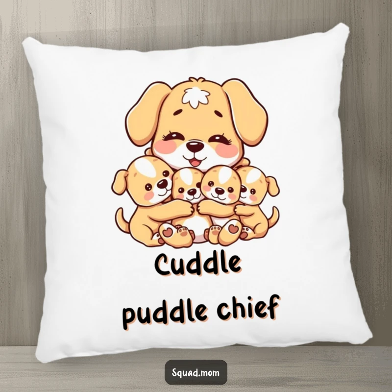 Funny pillow featuring a motherly dog character in a warm hug with her puppies, providing comfort and adorable charm.