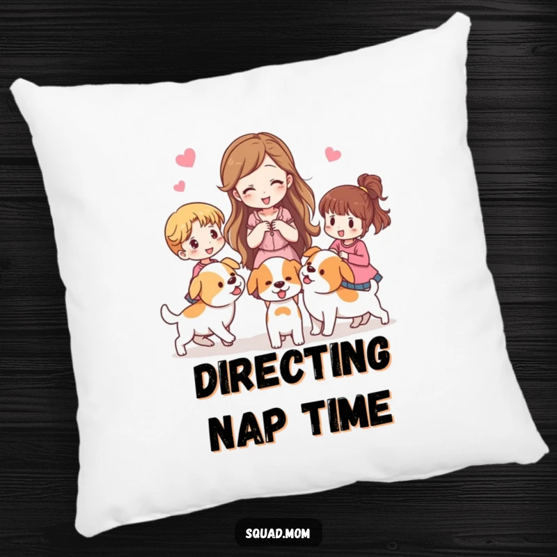 Funny pillow depicting a woman herding other women like puppies, adding humor to relaxation.
